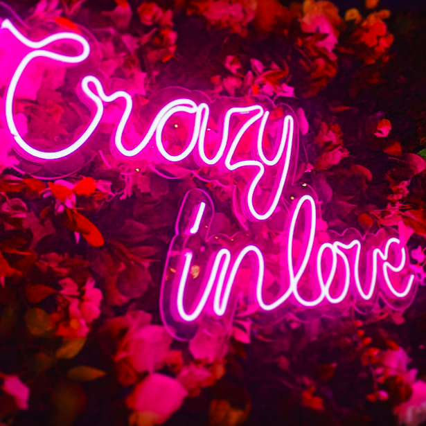 Pink LED neon sign reading 'crazy in love' hanging against a decorative faux flower wall. 