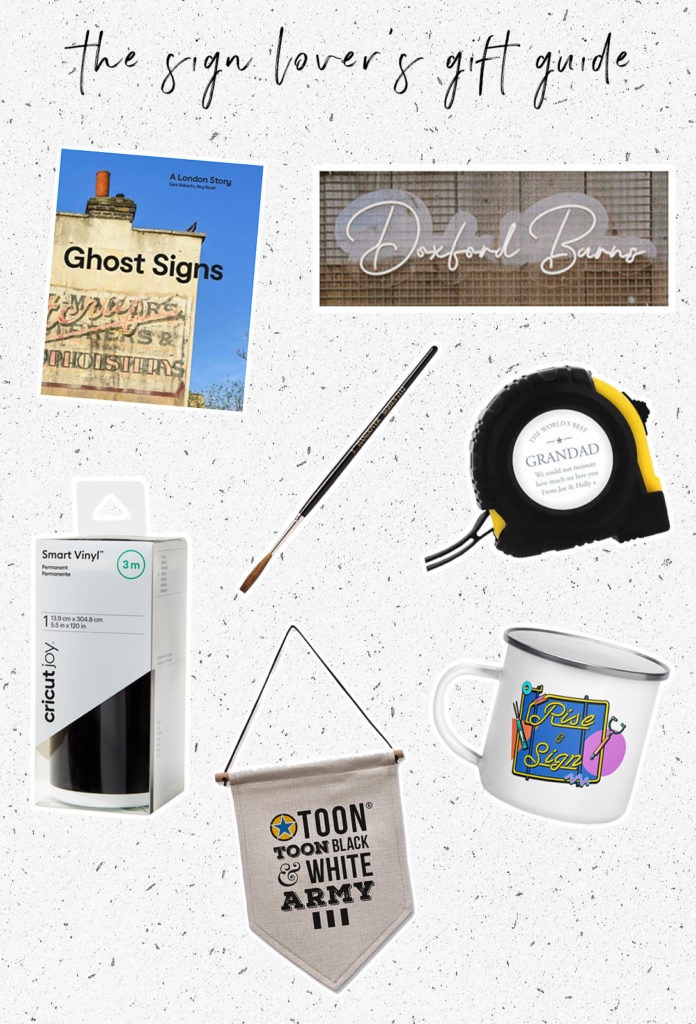 sign gifts perfect for signage lovers - ghost signs book, sign painters brush, tape measure, Cricut vinyl, rise and sign mug, Geordie gifts flag