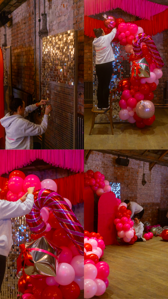 behind the scenes of styling the christmas neon sign including styling balloons and putting the shimmer wall together 
