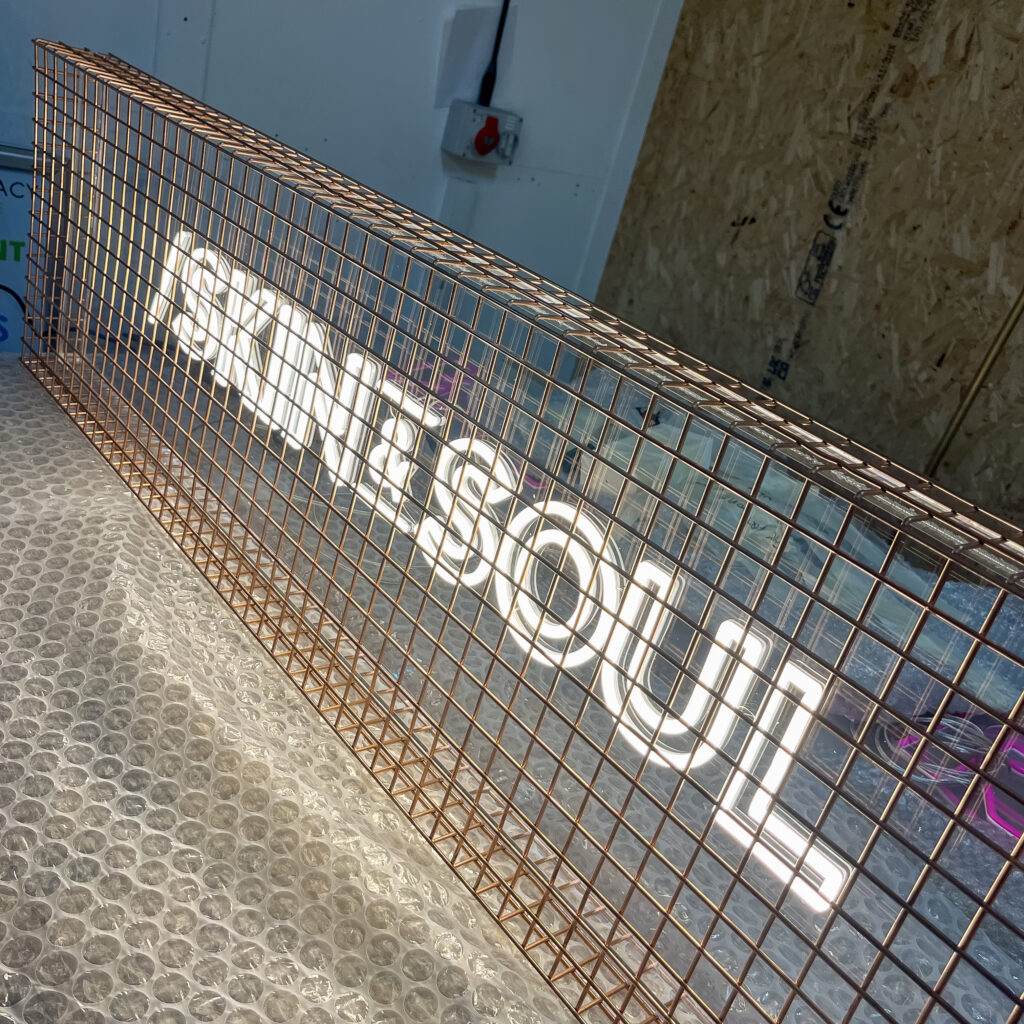 neon sign with mesh cage