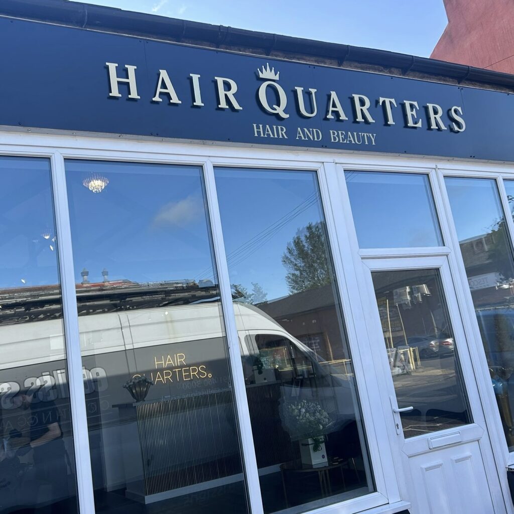 Black and gold hair salon sign for Hair Quarters, Durham